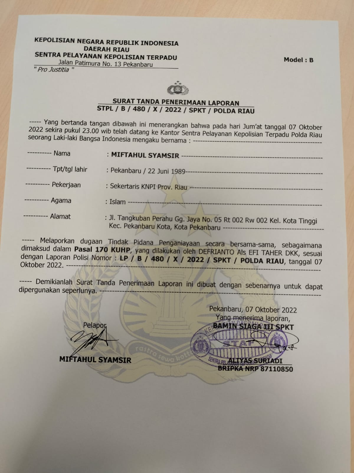 Sekretaris KNPI Riau di Keroyok Gerombolan yang Mengaku Suruhan PJ Wako Pekanbaru